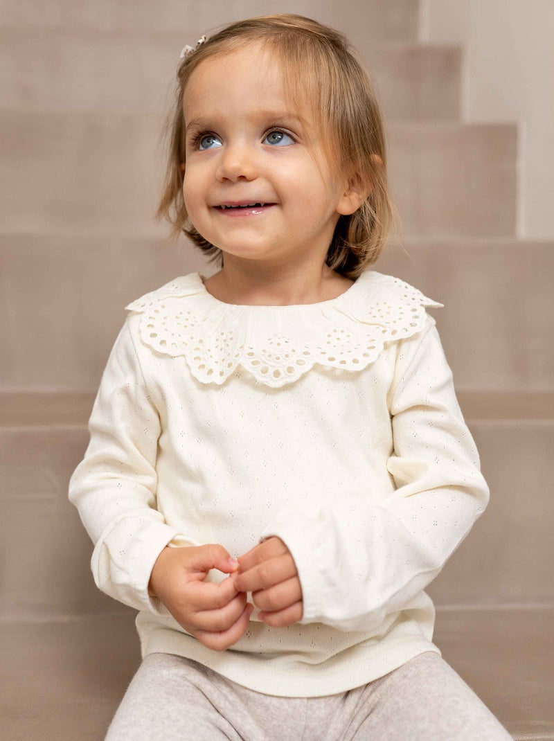 T-shirt en maille pointelle col claudine en broderie anglaise Blanc - Kiabi