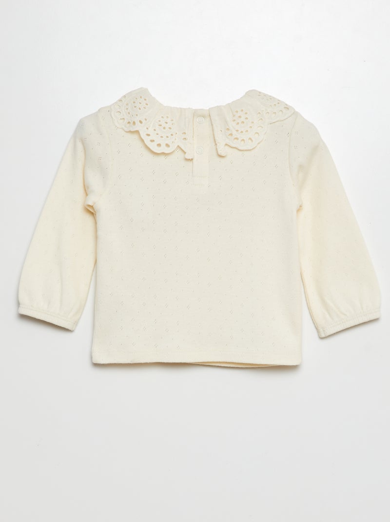 T-shirt en maille pointelle col claudine en broderie anglaise Blanc - Kiabi