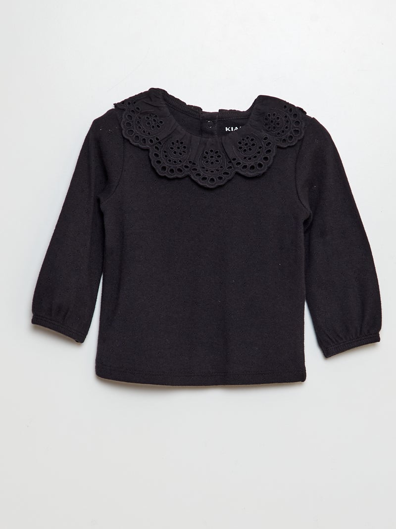 T-shirt en maille pointelle col claudine en broderie anglaise noir - Kiabi