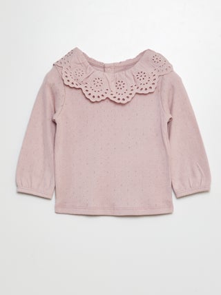 T-shirt en maille pointelle col claudine en broderie anglaise