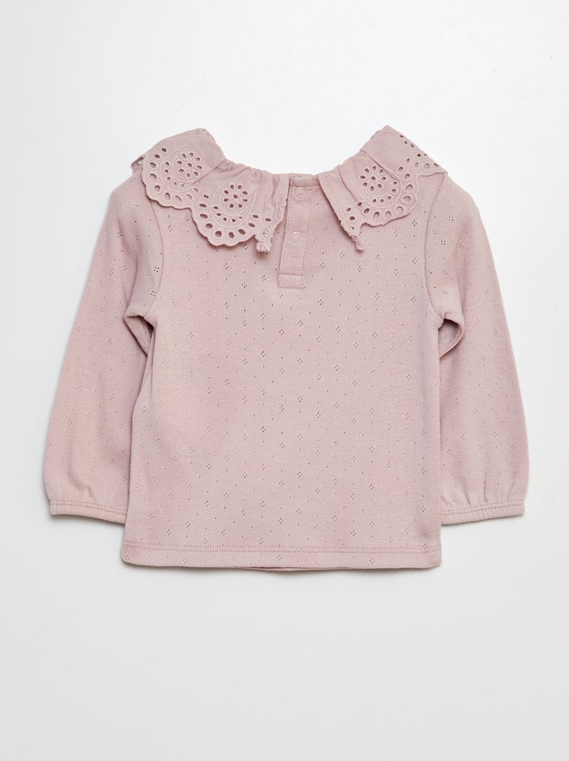 T-shirt en maille pointelle col claudine en broderie anglaise Violet - Kiabi