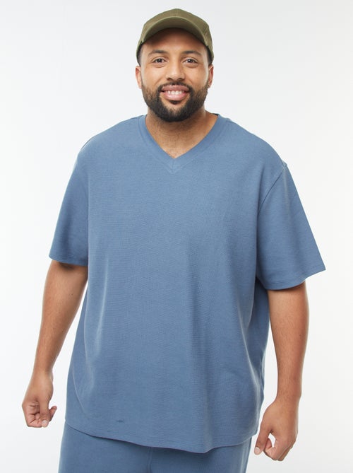 T-shirt en maille texturée et col V - Kiabi