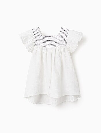 T-shirt en Mousseline avec Volants et Broderies