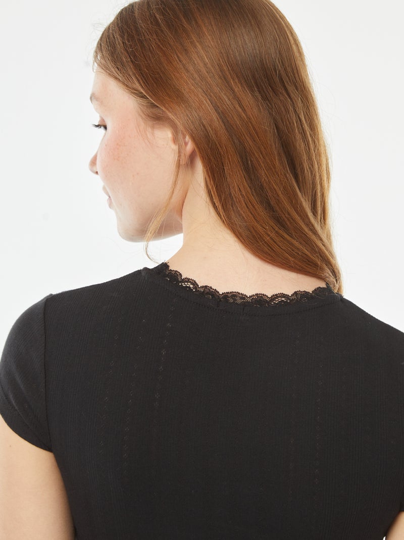T-shirt en pointelle à manches courtes noir - Kiabi
