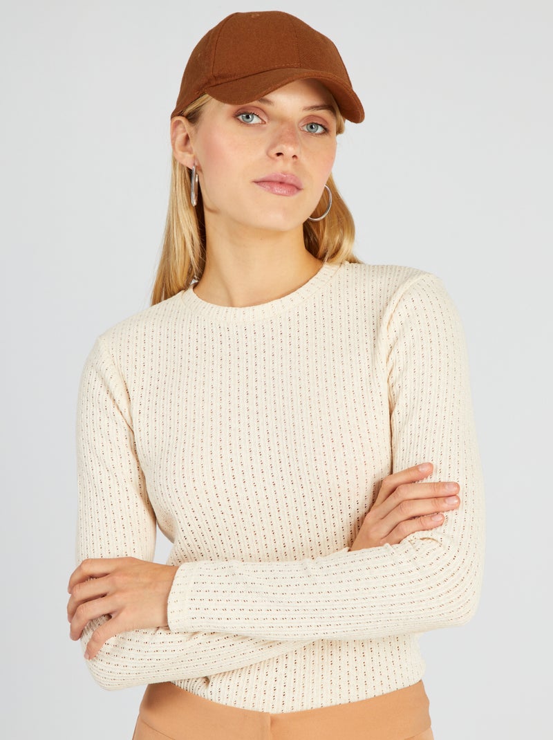 T-shirt en pointelle ajourée à col rond Beige - Kiabi