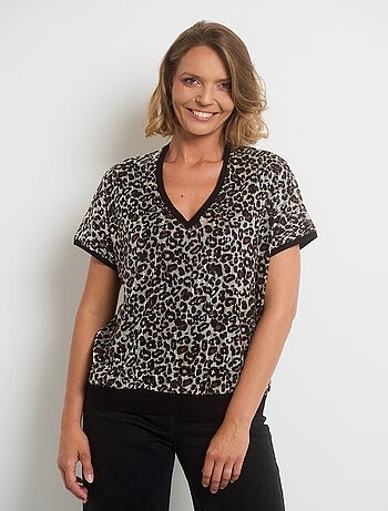 T-shirt en résille imprimée avec sequins