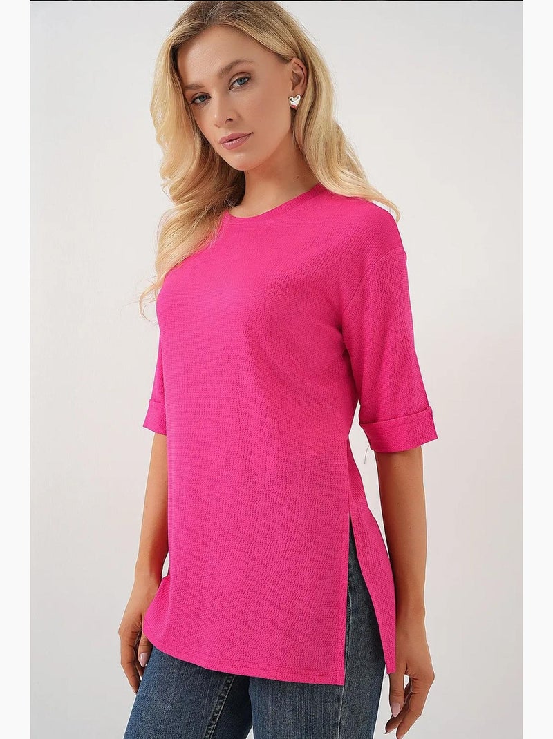 T-shirt en tricot fendu sur le côté bdart Rose fluo/Solinotes - Kiabi