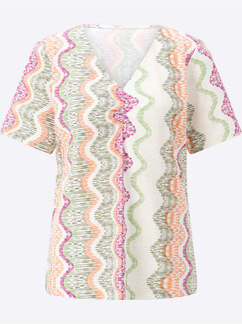 T-shirt en V à fronces et motifs graphiques modernes - Taille standard - Moda Vilona Beige/Vert - Kiabi