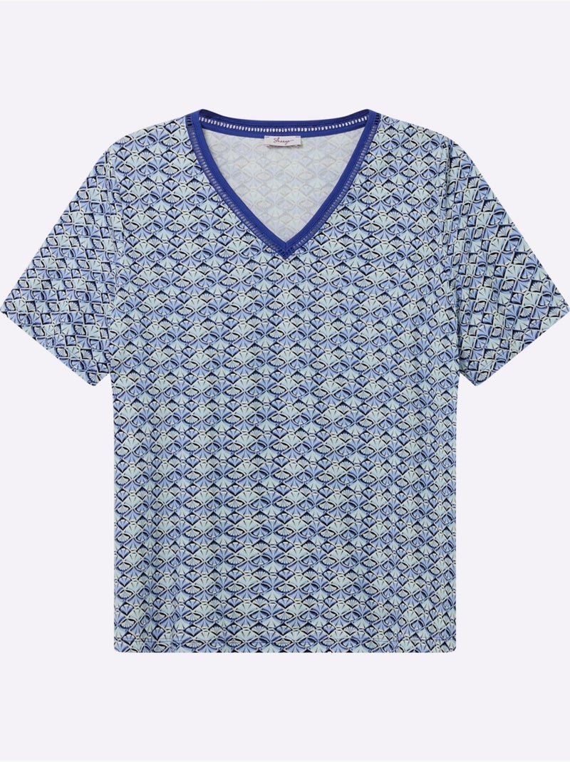 T-shirt En V Avec Dentelle Ajourée - Taille Standard - Sheego Noir Bleu ciel - Kiabi