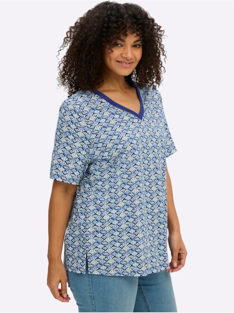 T-shirt En V Avec Dentelle Ajourée - Taille Standard - Sheego Noir Bleu ciel - Kiabi