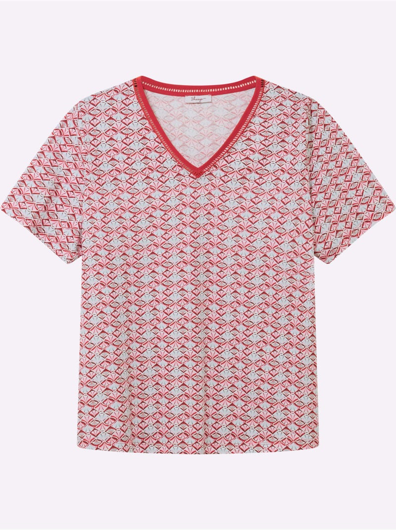 T-shirt En V Avec Dentelle Ajourée - Taille Standard - Sheego Orange/Rouge - Kiabi