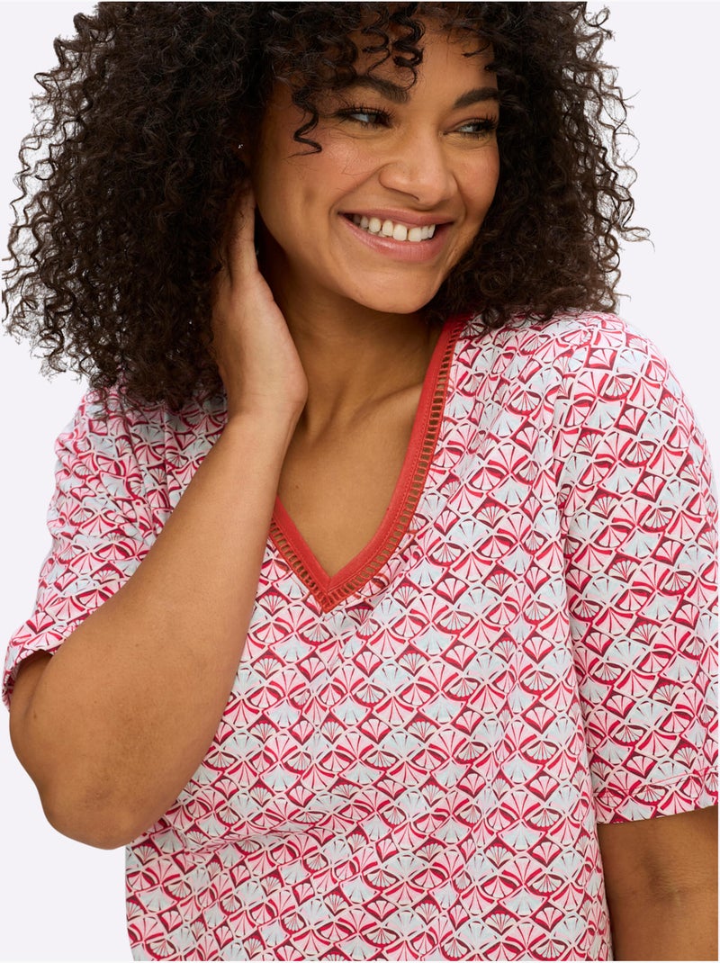 T-shirt En V Avec Dentelle Ajourée - Taille Standard - Sheego Orange/Rouge - Kiabi