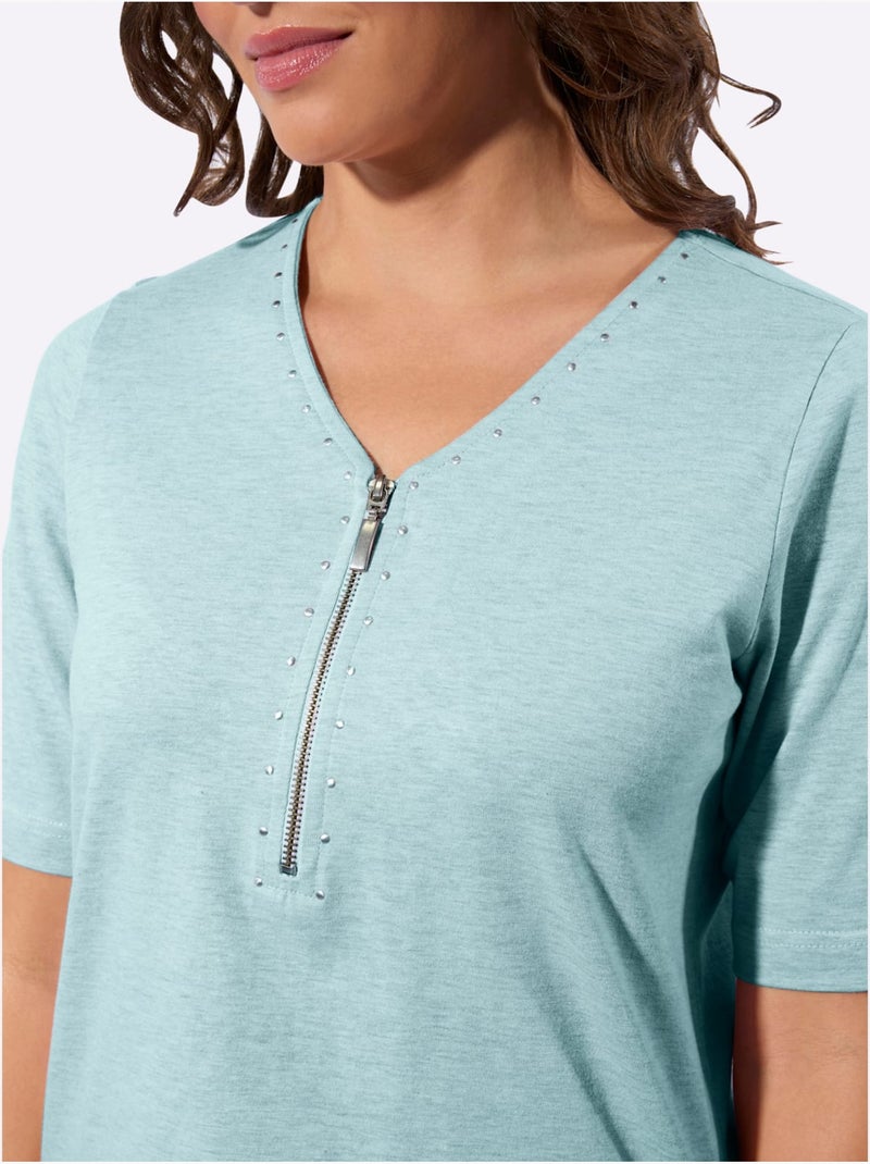 T-shirt en v avec rivets décoratifs et fil chiné doux - taille standard - witt Menthe - Kiabi