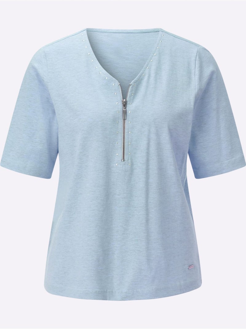 T-shirt en v avec rivets décoratifs et fil chiné doux - taille standard - witt Noir Bleu ciel - Kiabi