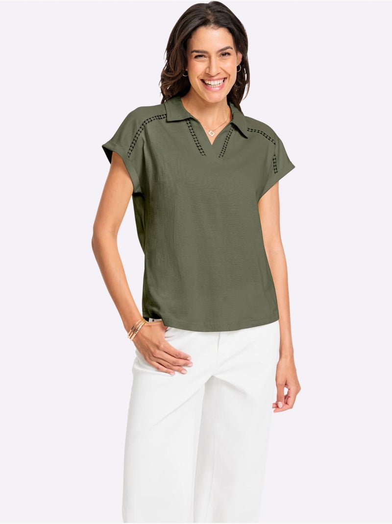 T-shirt En V Bande En Dentelle Filigrane - Taille Standard - Witt Kaki - Kiabi