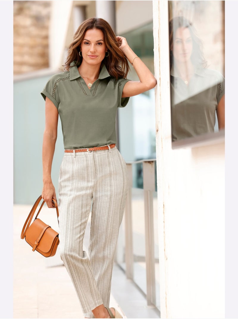 T-shirt En V Bande En Dentelle Filigrane - Taille Standard - Witt Kaki - Kiabi