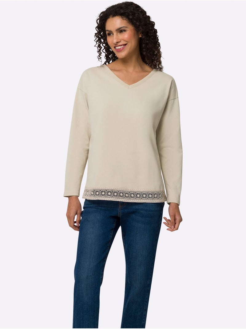 T-shirt En V Bordure En Dentelle à L'ourlet - Taille Standard - Helline Sable - Kiabi