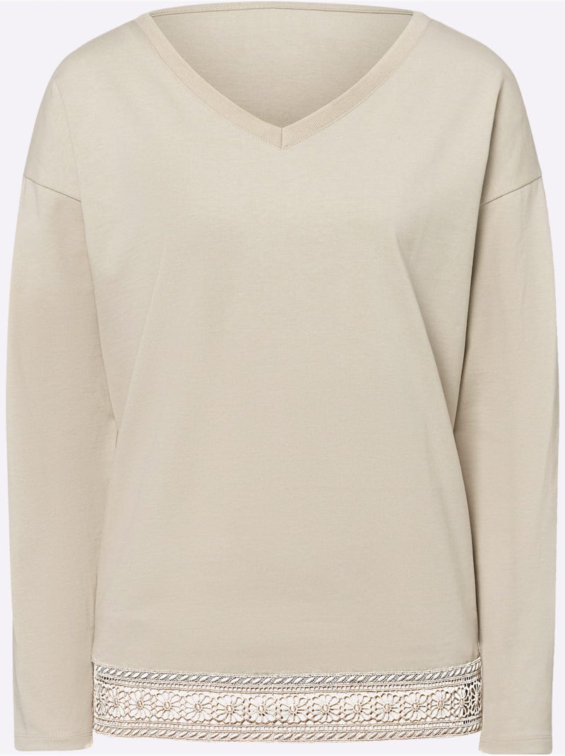 T-shirt En V Bordure En Dentelle à L'ourlet - Taille Standard - Helline Sable - Kiabi