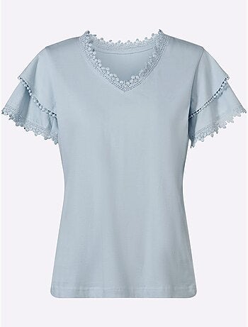 T-shirt à col V avec manches chauve-souris et dentelle - Taille standard - Moda Vilona