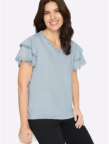 T-shirt à col V avec manches chauve-souris et dentelle - Taille standard - Moda Vilona
