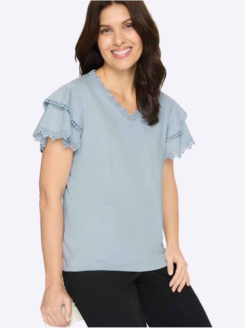 T-shirt En V Doubles Manches Chauve-souris - Taille Standard - Moda Vilona Bleu clair - Kiabi