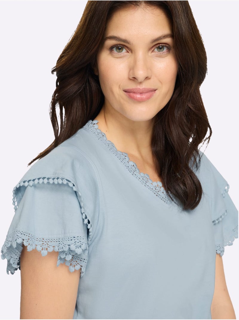 T-shirt En V Doubles Manches Chauve-souris - Taille Standard - Moda Vilona Bleu clair - Kiabi