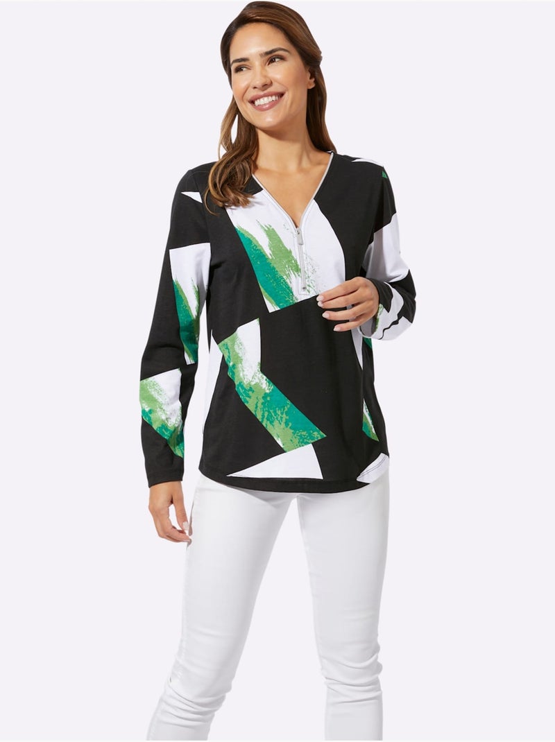 T-shirt En V Encolure Avec Glissière - Taille Standard - Moda Vilona Noir Vert - Kiabi