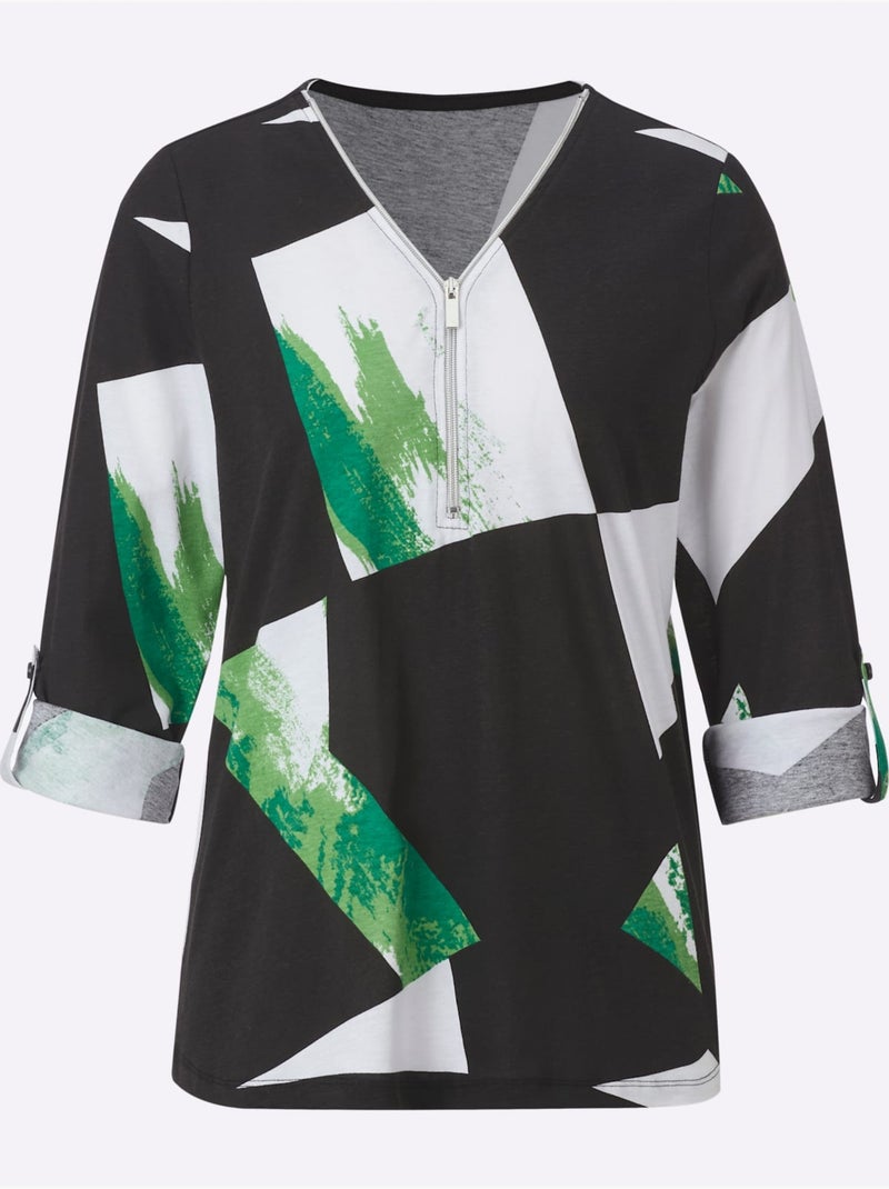 T-shirt En V Encolure Avec Glissière - Taille Standard - Moda Vilona Noir Vert - Kiabi