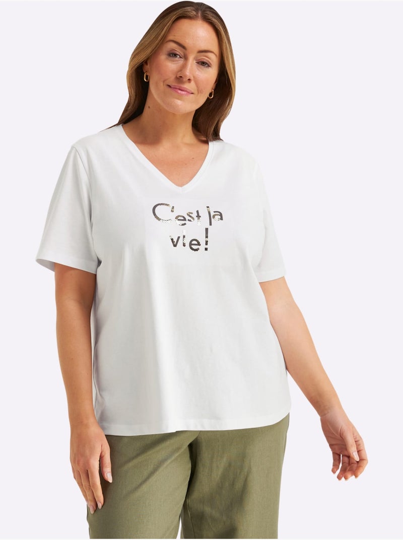 T-shirt En V Encolure En V Flatteuse - Taille Standard - Sheego Ecru - Kiabi