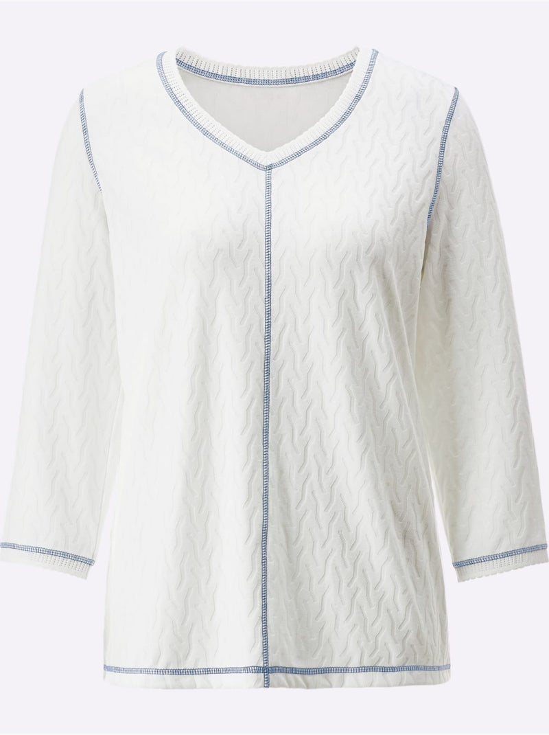 T-shirt En V Jacquard En Jersey Tendance - Taille Standard - Helline Blanc - Kiabi