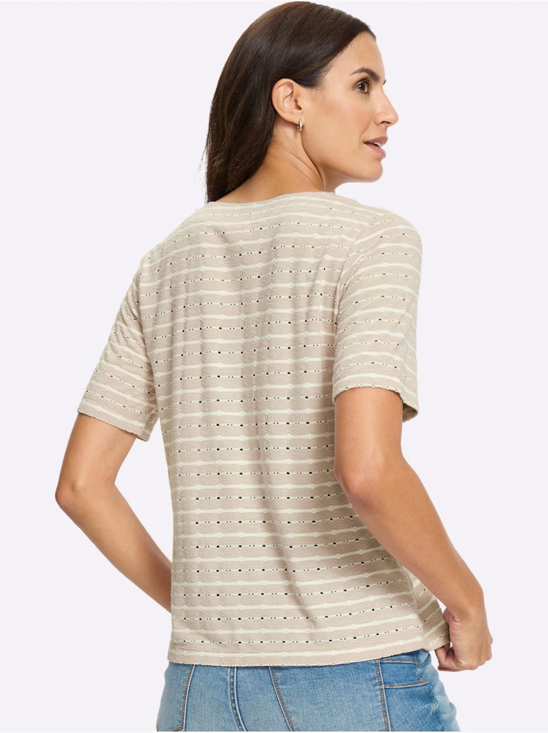 T-shirt En V Jacquard En Jersey Tendance - Taille Standard - Witt Beige - Kiabi
