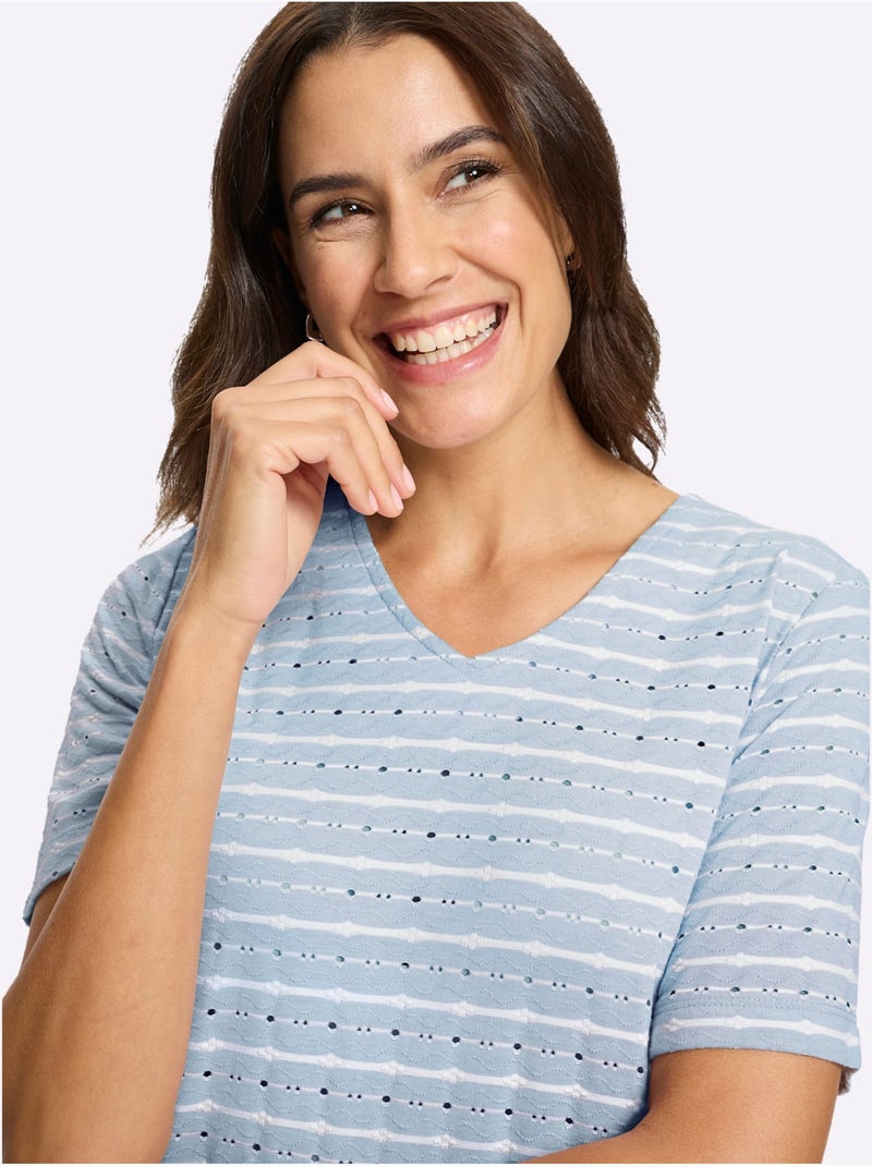 T-shirt En V Jacquard En Jersey Tendance - Taille Standard - Witt Bleu Ecru - Kiabi