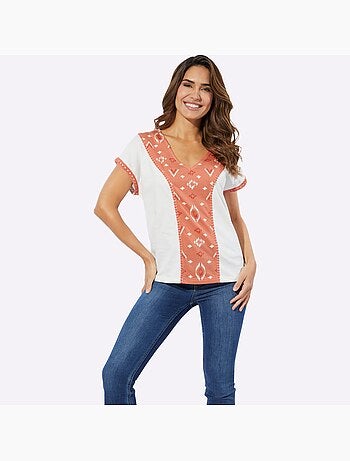 T-shirt En V Motif Ethnique Tendance - Taille Standard - Moda Vilona