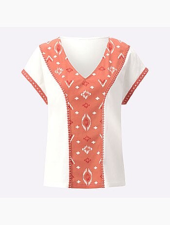 T-shirt En V Motif Ethnique Tendance - Taille Standard - Moda Vilona