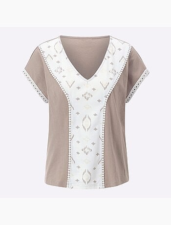 T-shirt En V Motif Ethnique Tendance - Taille Standard - Moda Vilona