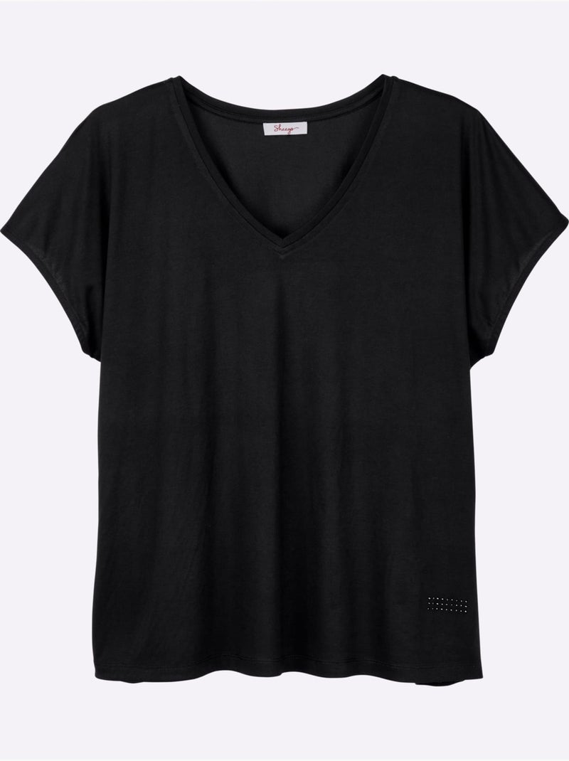T-shirt En V Petites Pierres Brillantes Fantaisie - Taille Standard - Sheego Noir - Kiabi