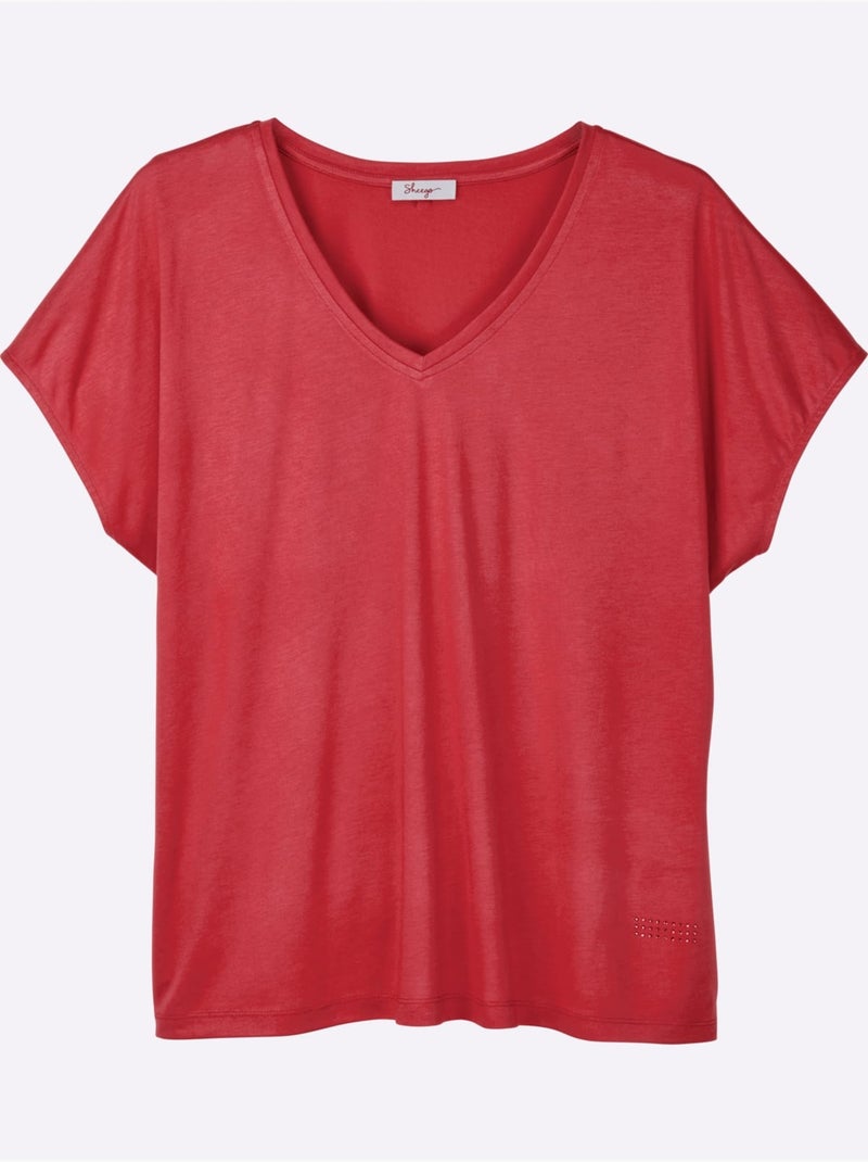 T-shirt En V Petites Pierres Brillantes Fantaisie - Taille Standard - Sheego Rouge - Kiabi