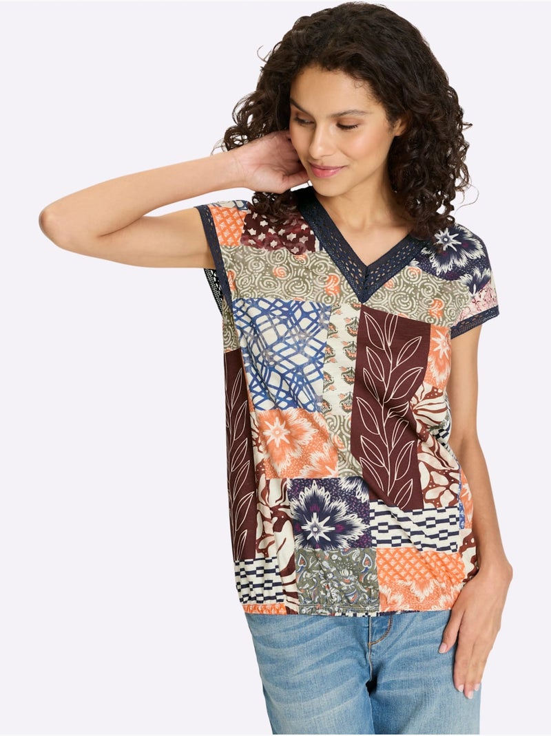 T-shirt En V Pur Coton - Taille Standard - Helline Blanc Bleu - Kiabi