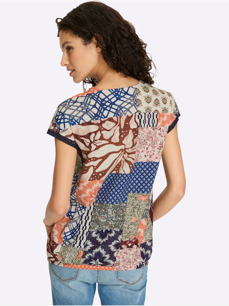 T-shirt En V Pur Coton - Taille Standard - Helline Blanc Bleu - Kiabi