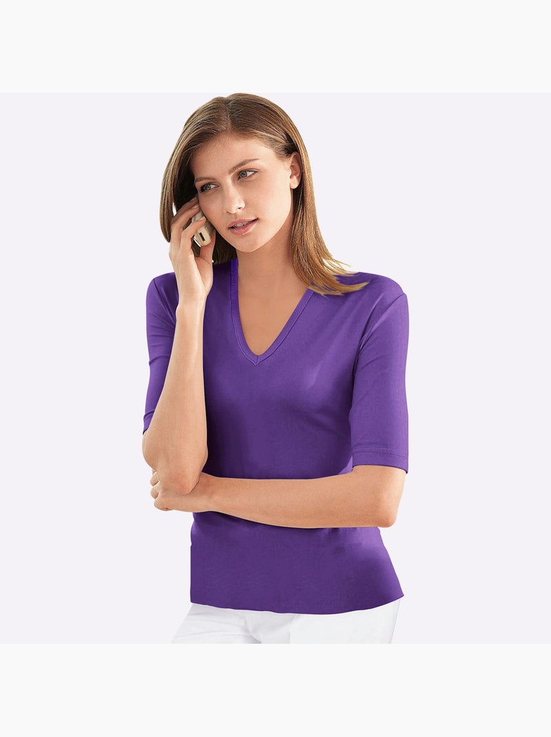 T-shirt En V Toucher Doux Et Agréable - Taille Standard - Witt Mauve lilas - Kiabi
