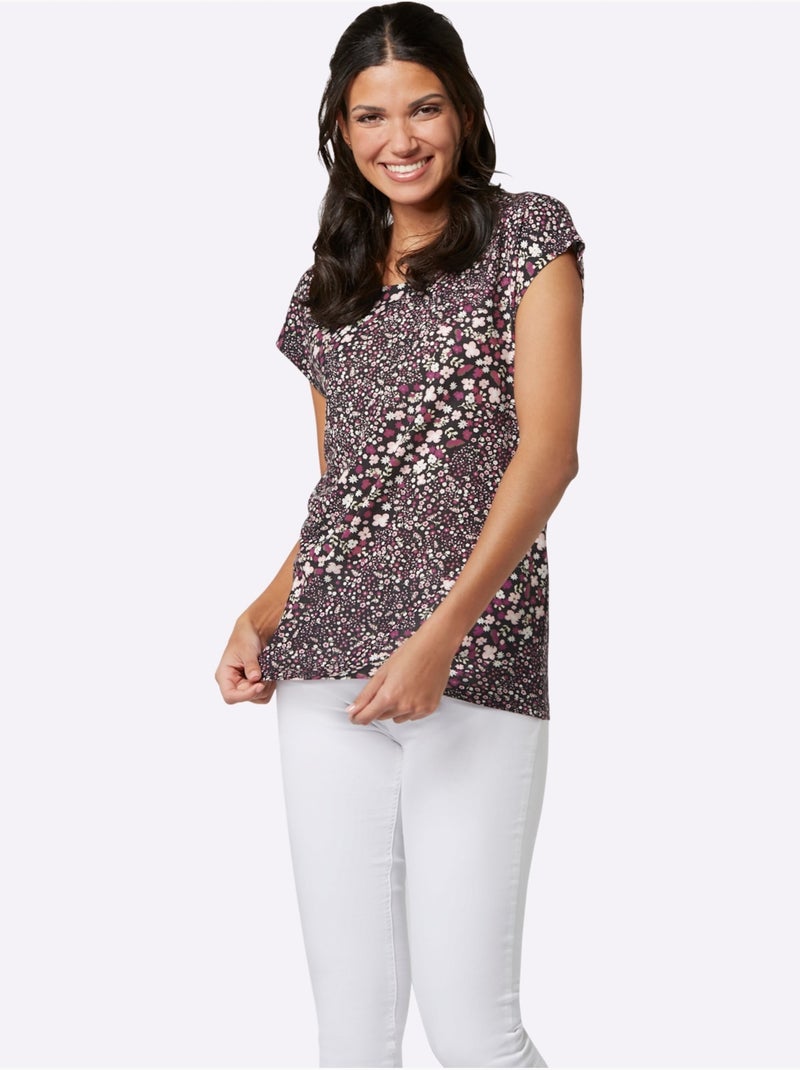 T-shirt en viscose avec col rond et motifs de fleurs - Taille standard - Moda Vilona Noir Rose - Kiabi
