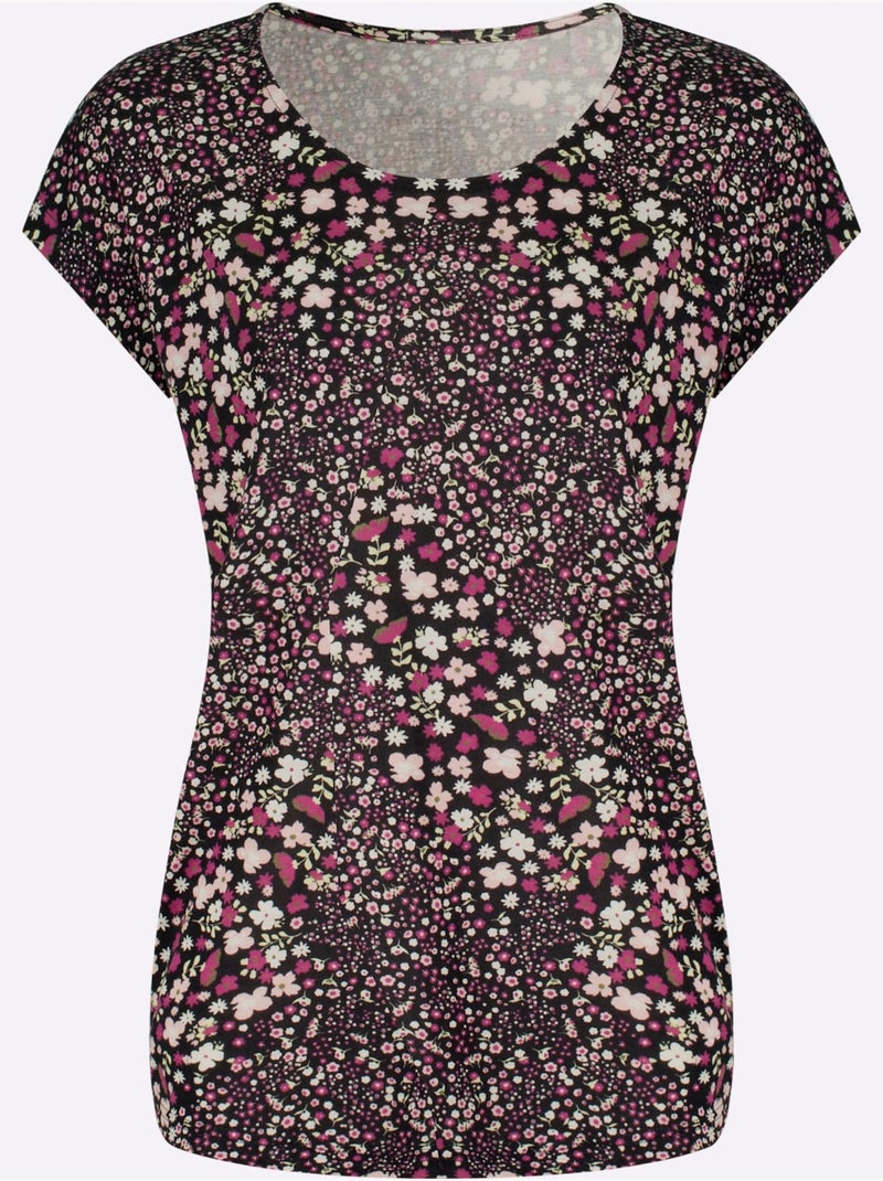 T-shirt en viscose avec col rond et motifs de fleurs - Taille standard - Moda Vilona Noir Rose - Kiabi