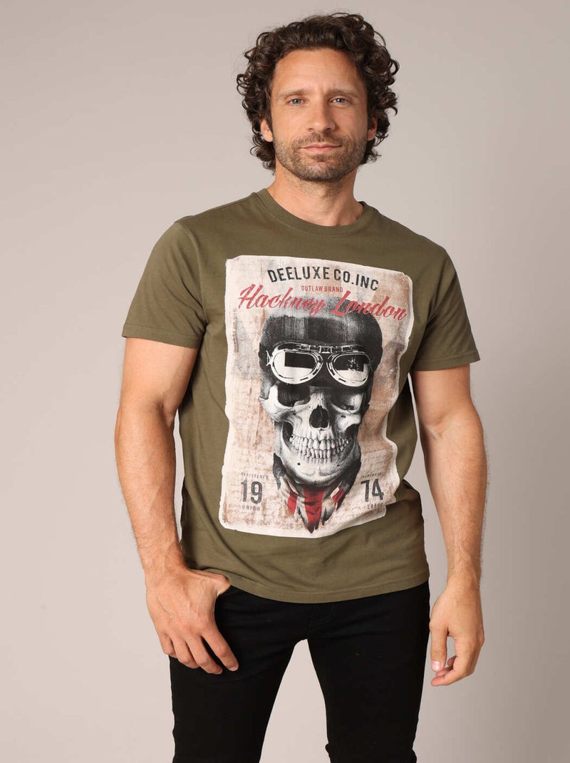 T-shirt en100% coton à imprimé tête de mort façon biker 'Deeluxe' Kaki - Kiabi