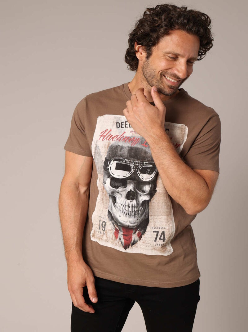 T-shirt en100% coton à imprimé tête de mort façon biker 'Deeluxe' Marron chocolat - Kiabi