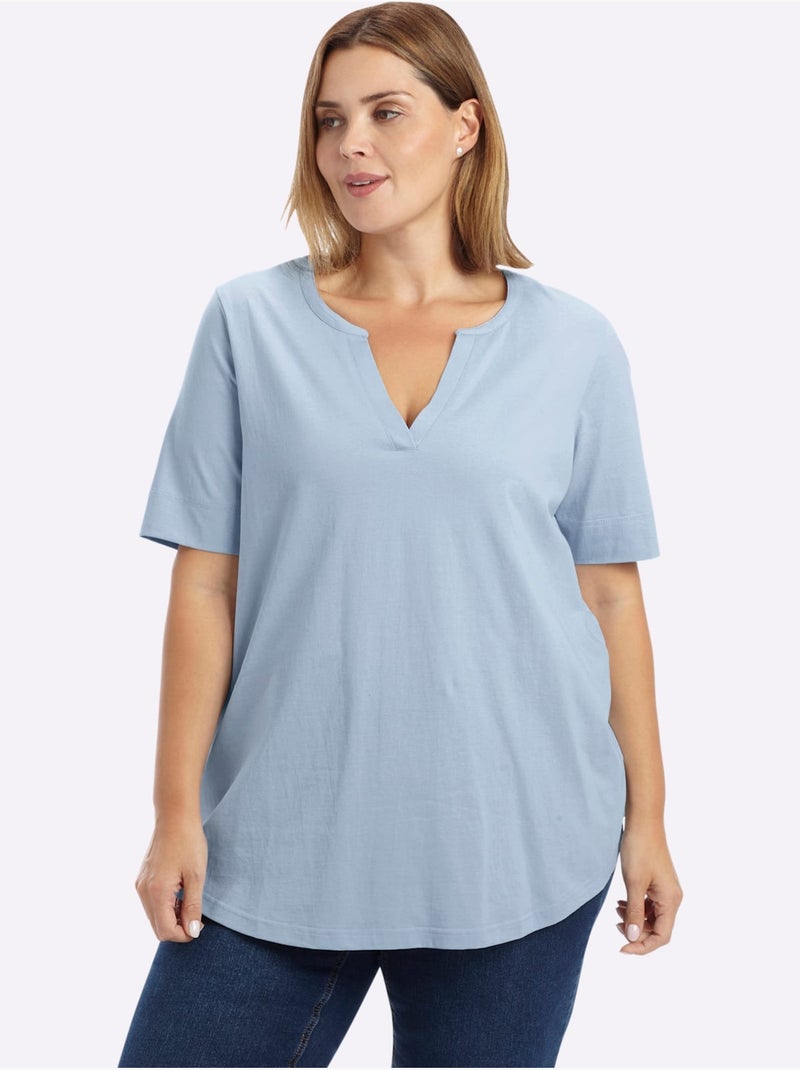 T-shirt Encolure Ronde Avec V Ouvert - Taille Standard - Sheego Bleu clair - Kiabi