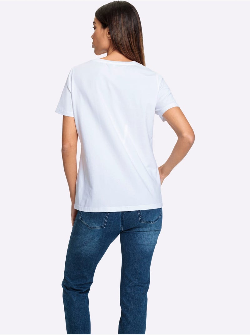 T shirt encolure ronde et manches courtes imprimé feuilles tropicales - Taille standard - Helline Blanc - Kiabi