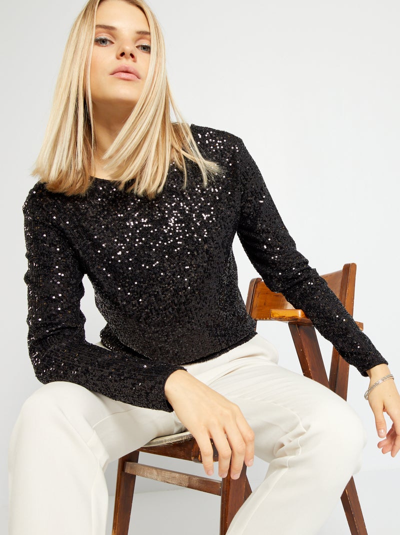 T-shirt encolure V à sequins Noir - Kiabi