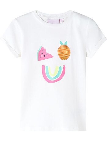 T-shirt enfant col rond manches retroussées perles motif fruit - vidaxl