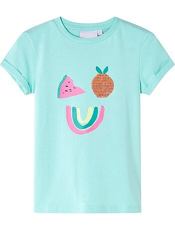 T-shirt enfant col rond manches retroussées perles motif fruit - vidaxl