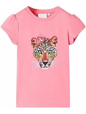 T-shirt enfant néon col rond imprimé tête de léopard - vidaxl